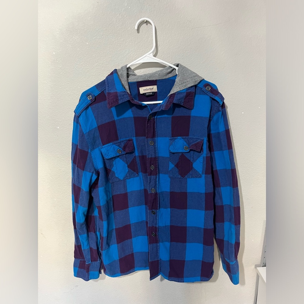 Anchor Blue Flannel Shacket Jacket Mens M Plaid Hooded Long Sleeve 90s‎